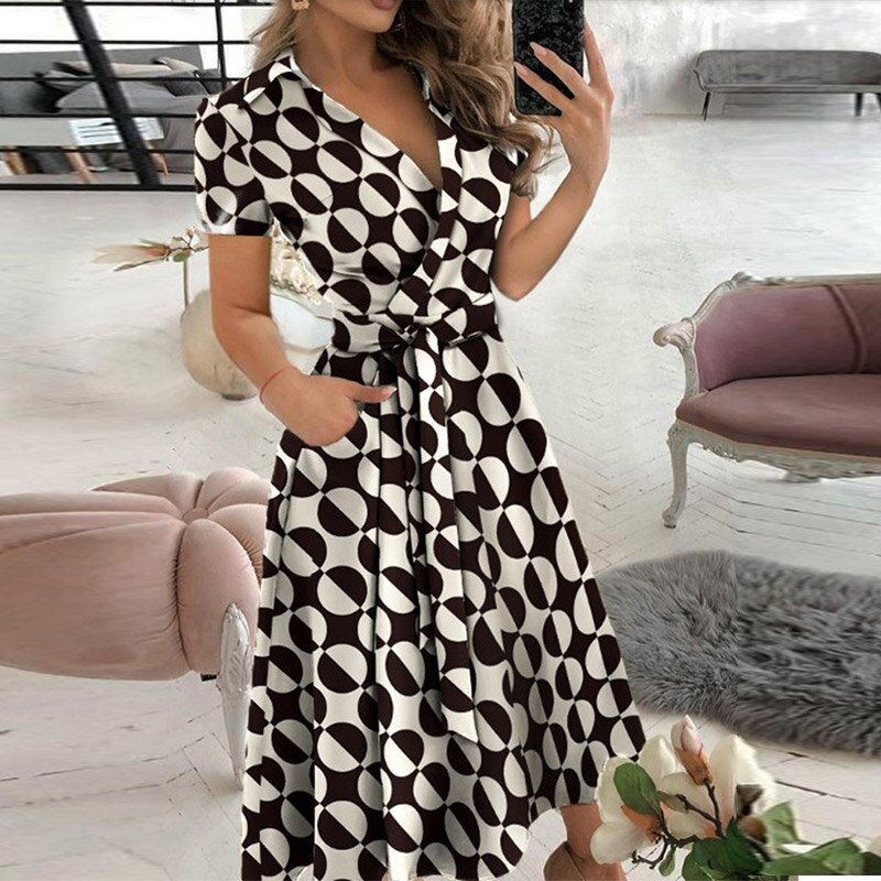 Asymmetric Off Shoulder Puff Sleeve Tie Waist Pocket A-Line Midi Dress - View 6