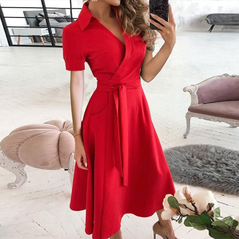 Asymmetric Off Shoulder Puff Sleeve Tie Waist Pocket A-Line Midi Dress - View 8