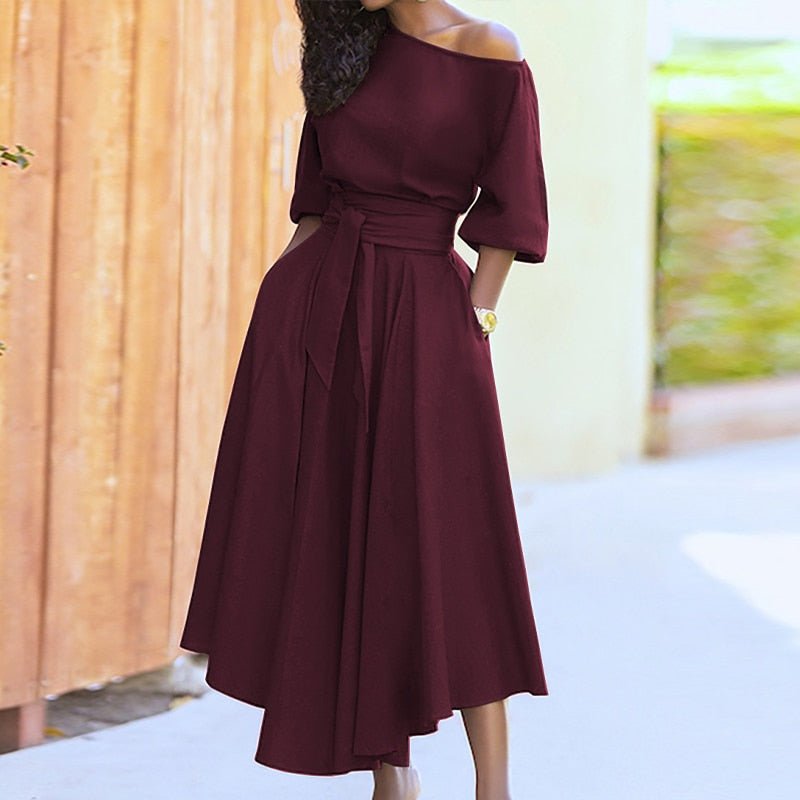 Asymmetric Off Shoulder Puff Sleeve Tie Waist Pocket A-Line Midi Dress - View 2