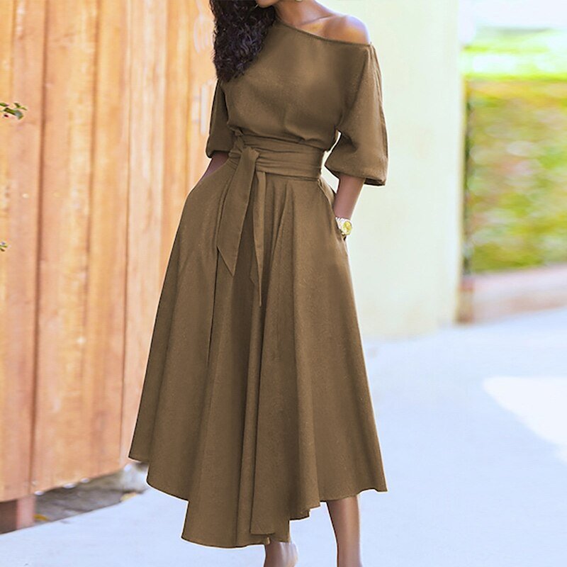 Asymmetric Off Shoulder Puff Sleeve Tie Waist Pocket A-Line Midi Dress - View 3