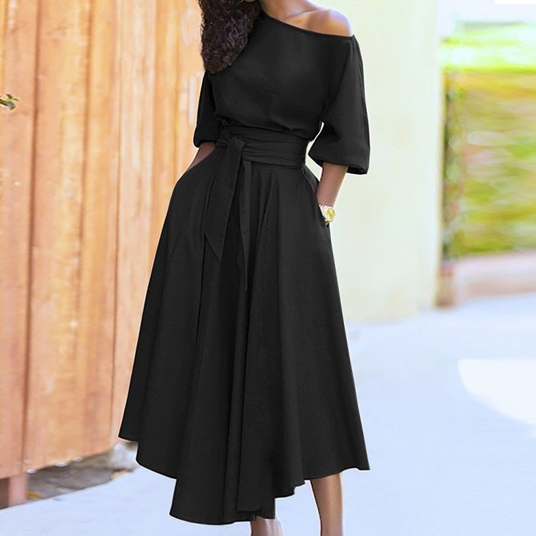 Asymmetric Off Shoulder Puff Sleeve Tie Waist Pocket A-Line Midi Dress