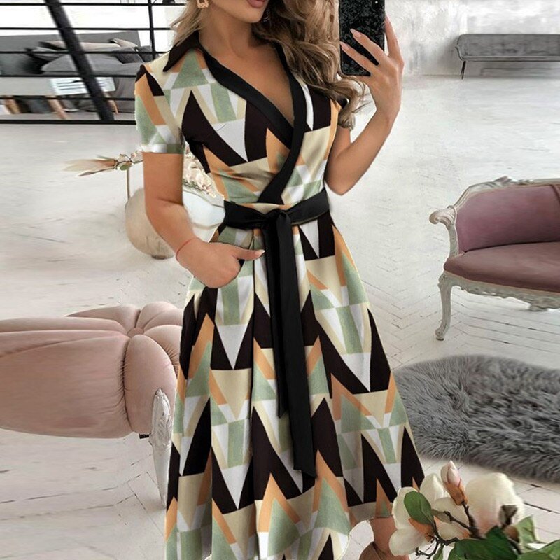 Asymmetric Off Shoulder Puff Sleeve Tie Waist Pocket A-Line Midi Dress - View 12