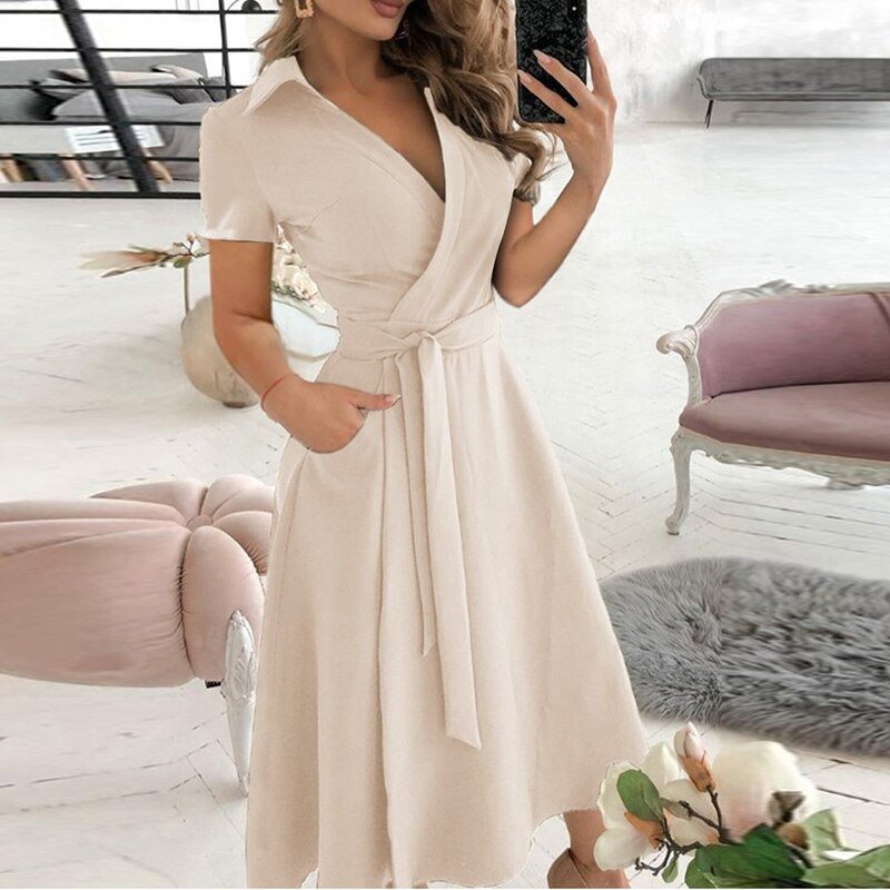 Asymmetric Off Shoulder Puff Sleeve Tie Waist Pocket A-Line Midi Dress - View 11