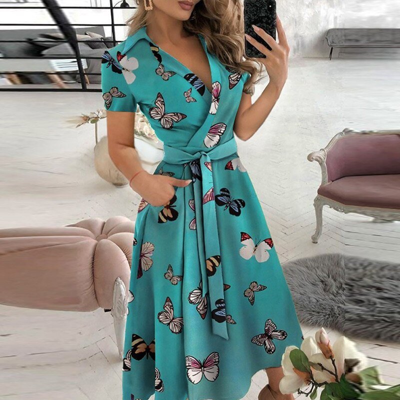 Asymmetric Off Shoulder Puff Sleeve Tie Waist Pocket A-Line Midi Dress - View 9