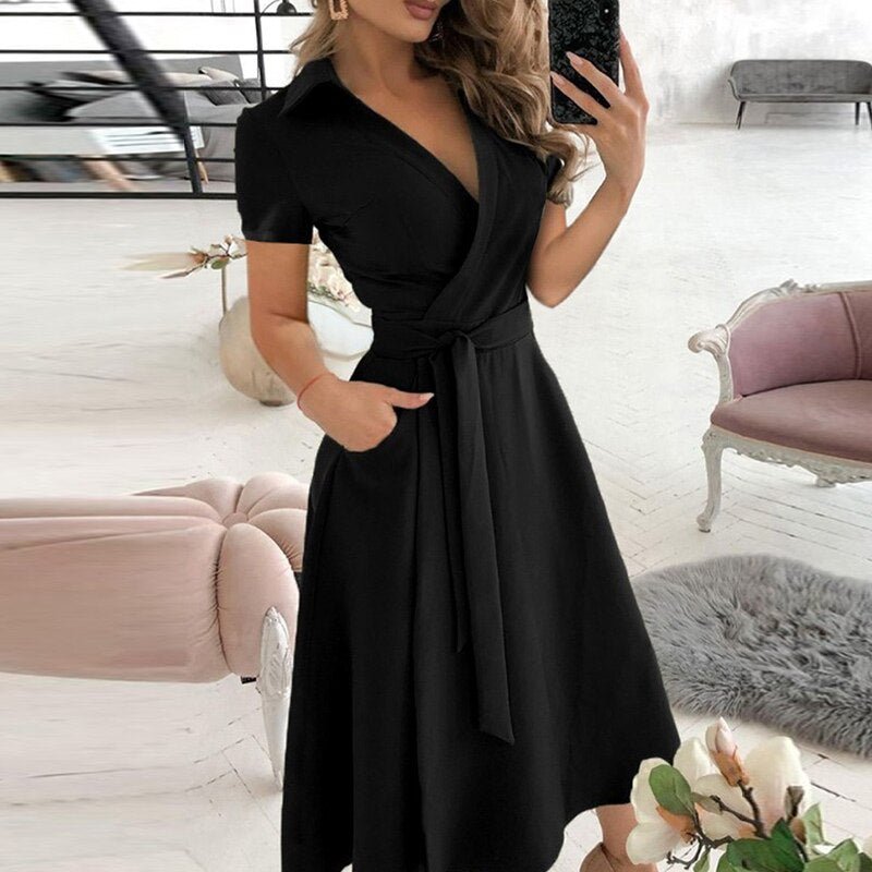 Asymmetric Off Shoulder Puff Sleeve Tie Waist Pocket A-Line Midi Dress - View 7