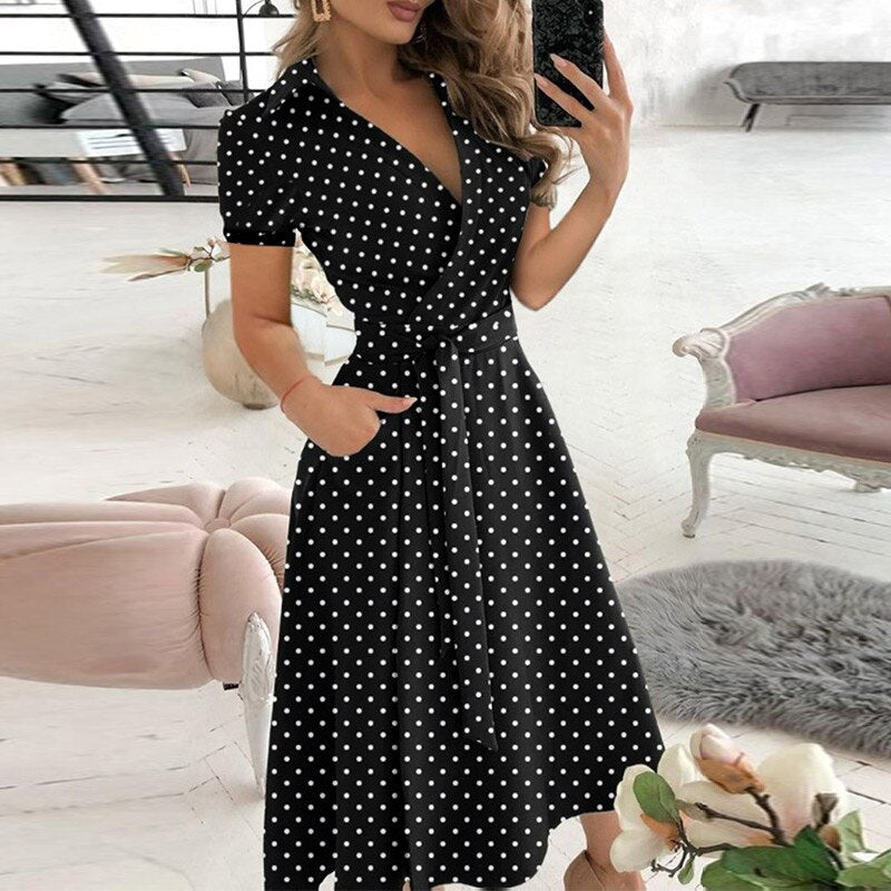 Asymmetric Off Shoulder Puff Sleeve Tie Waist Pocket A-Line Midi Dress - View 14