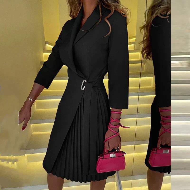 Notched Collar Wrap Front Buckle Three Quarter Blazer Dress - View 2