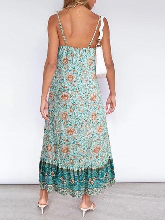 Floral Print V-Neck Spaghetti Strap Tiered Maxi Dress