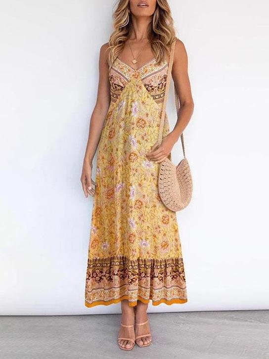 Floral Print V-Neck Spaghetti Strap Tiered Maxi Dress