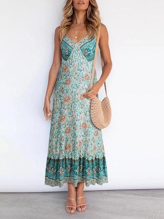 Floral Print V-Neck Spaghetti Strap Tiered Maxi Dress