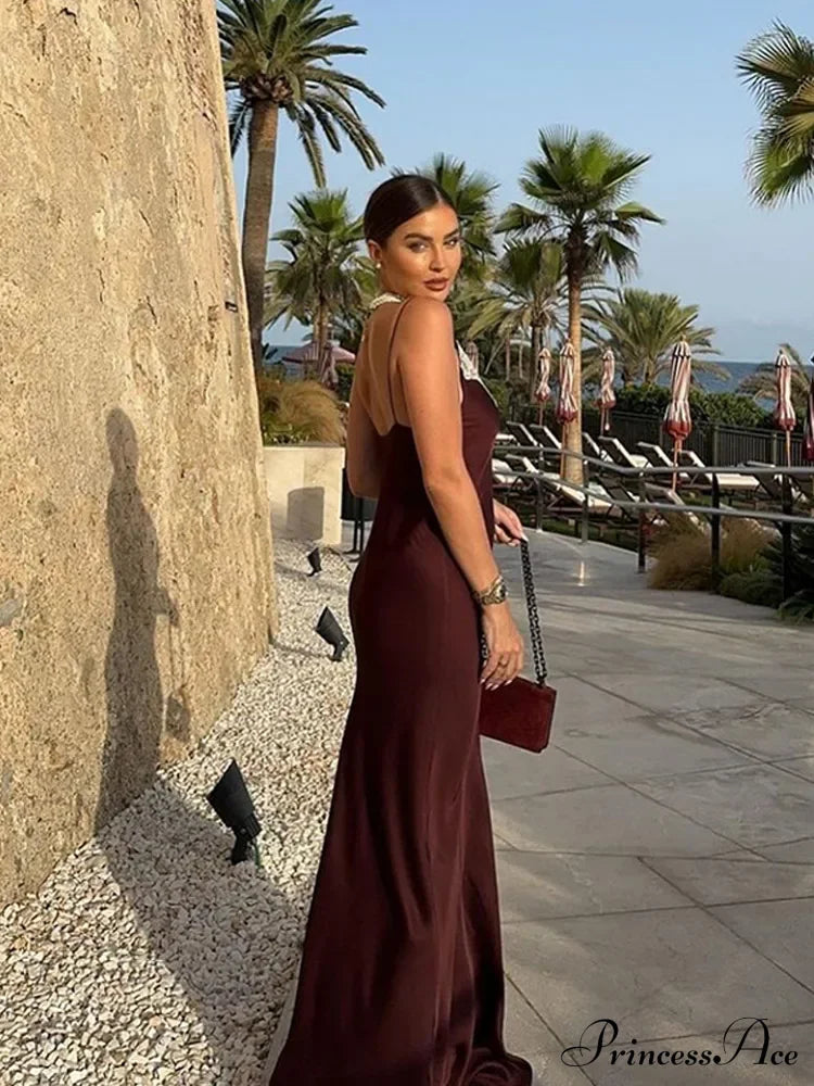 Women Chic Elegant Solid Spliced Lace Midi Sling Backless Christmas Party Dress