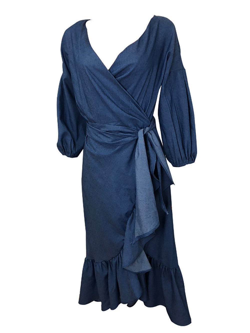 Chambray Wrap V-Neck Puff Sleeve Ruffle Maxi Dress