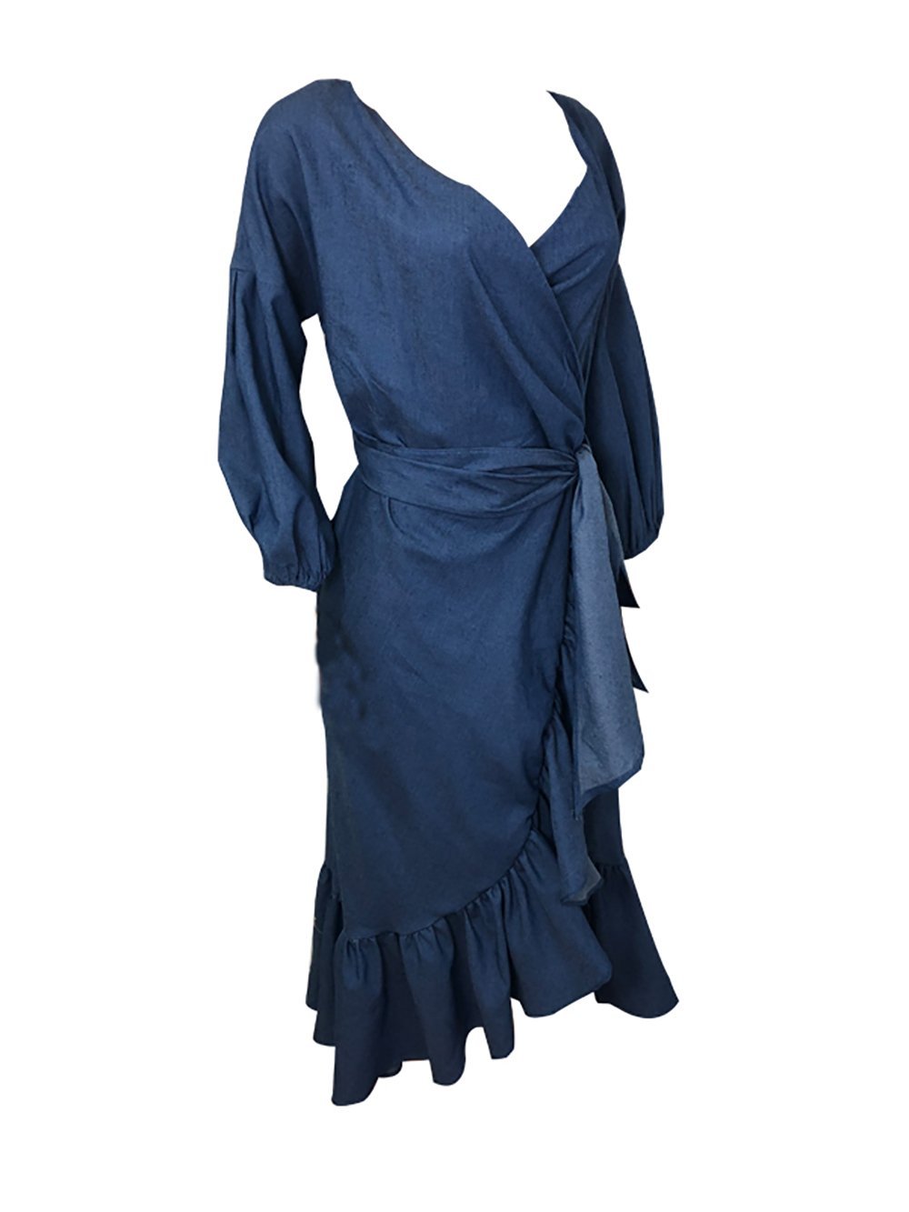 Chambray Wrap V-Neck Puff Sleeve Ruffle Maxi Dress