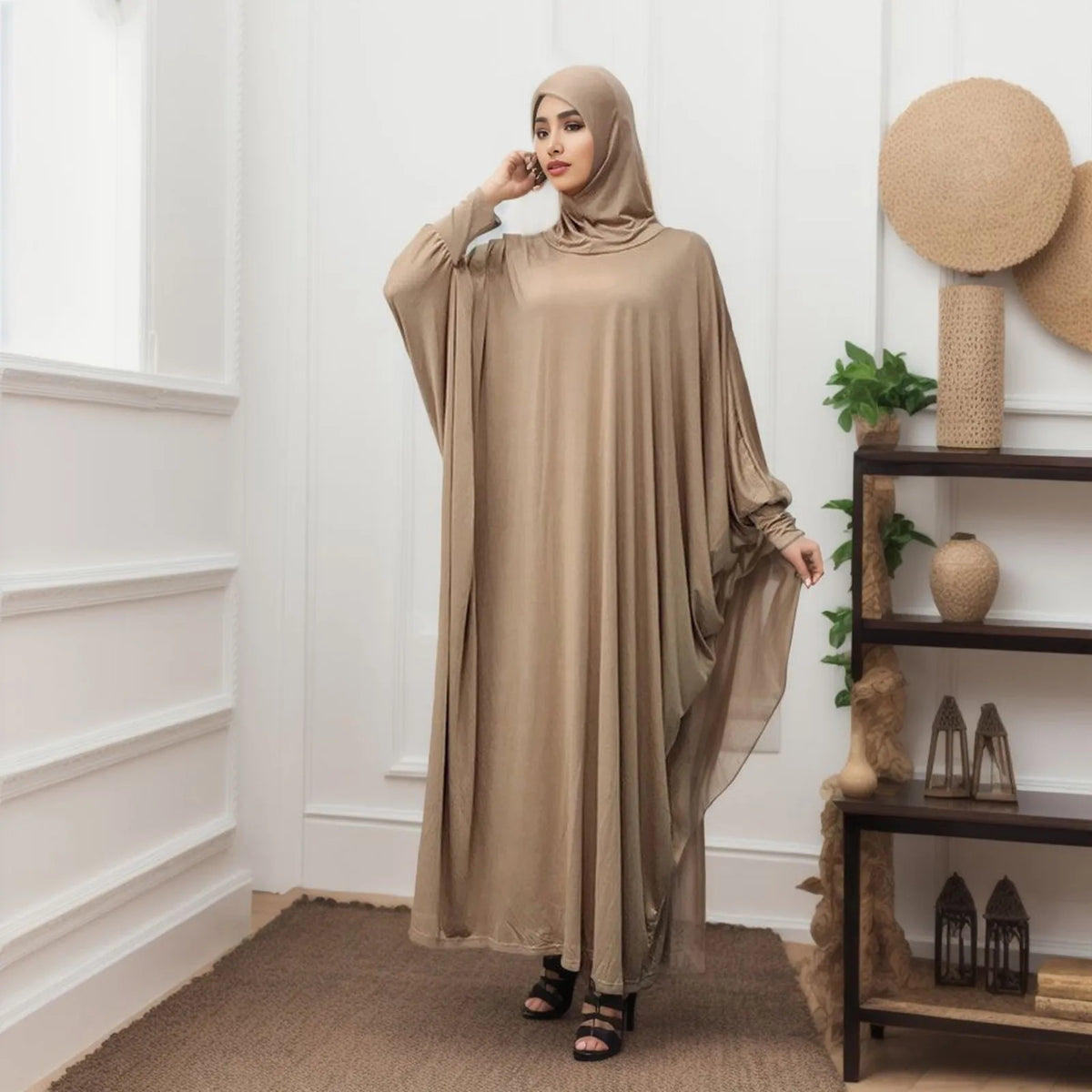 Solid Color Headgear Bat Cardigan Robes Ramadan Muslim Muslim Clothes Long Sleeve Cardigan Maxi Dress 9