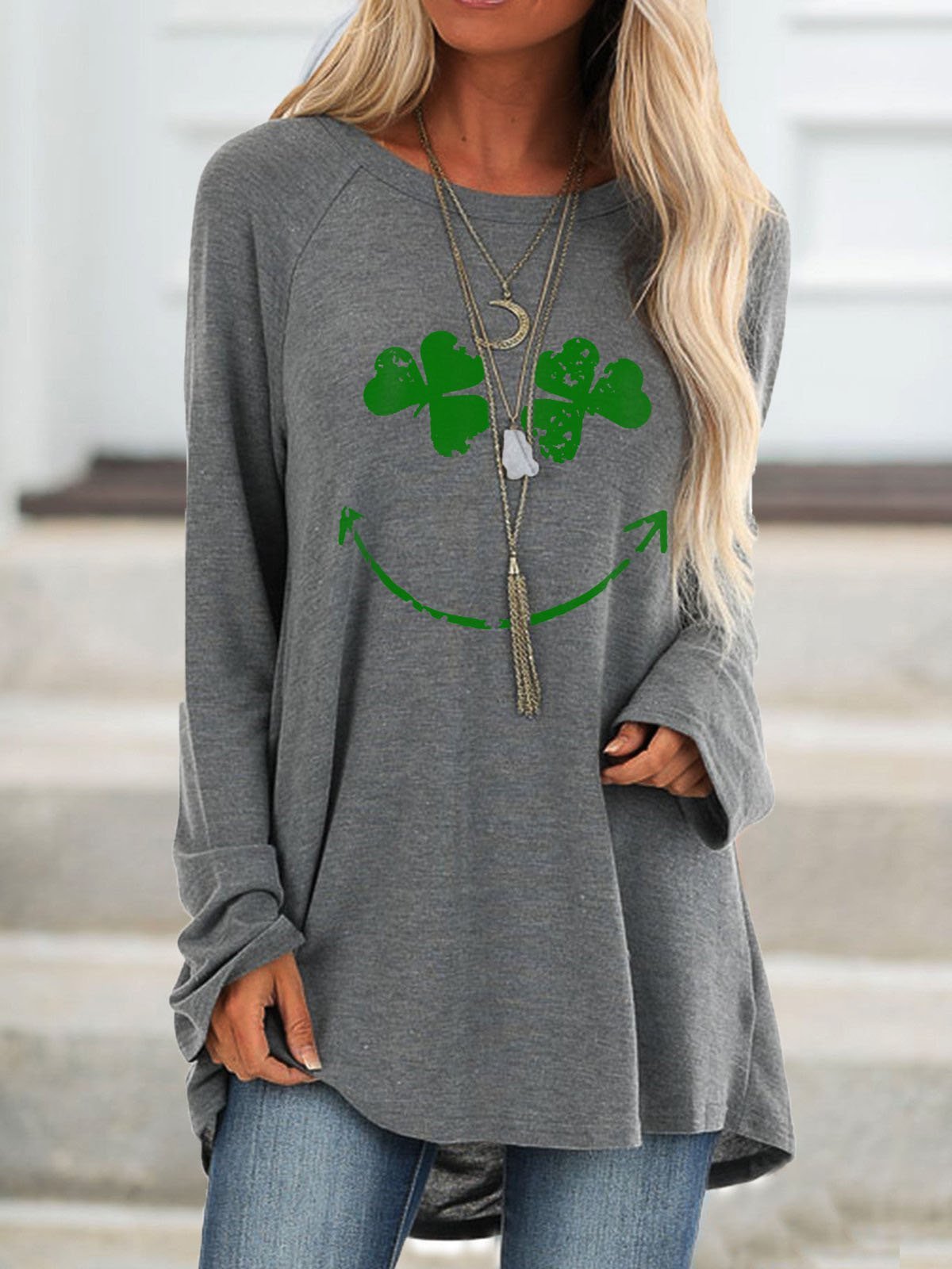 Women Four Leaf Clover Print Long Sleeve Blouses
