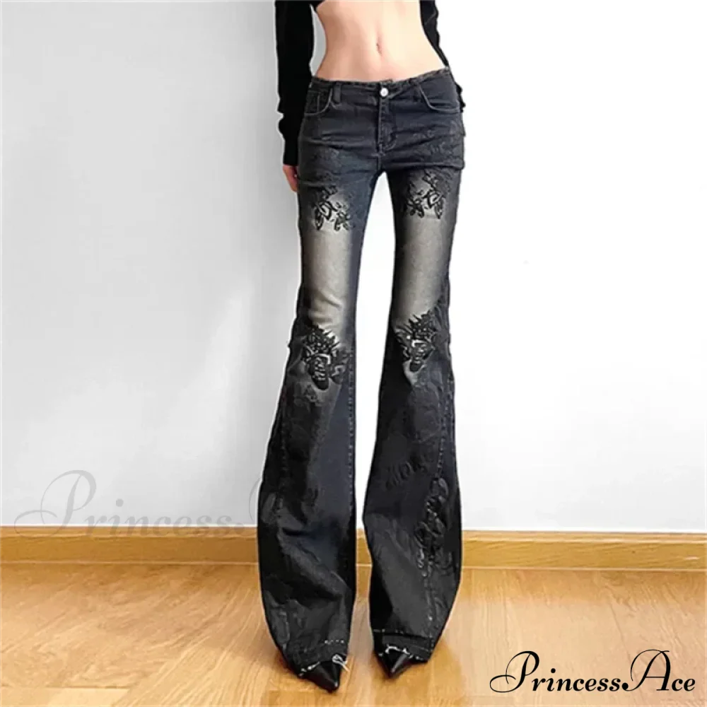Women Gothic Y2K Flare Jeans 90s Aesthetic Low Waist Pants