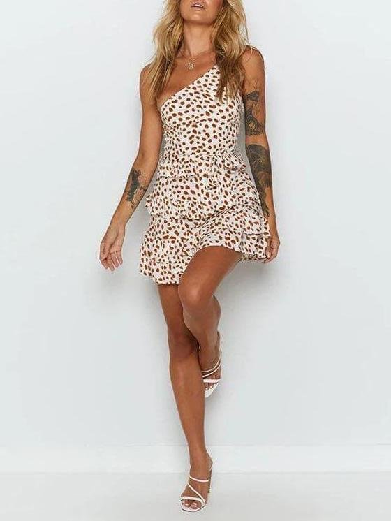 Spotted Print One Shoulder Tiered Mini Dress