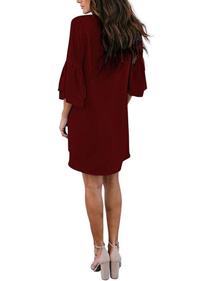 Women Loose Solid Color V Neck Mini Dress With Sleeve