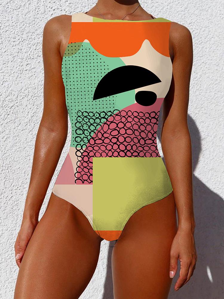 Women One Piece Graffiti Abstract Print Patchwork High Neck Sleeveless Slimming Swimsuit