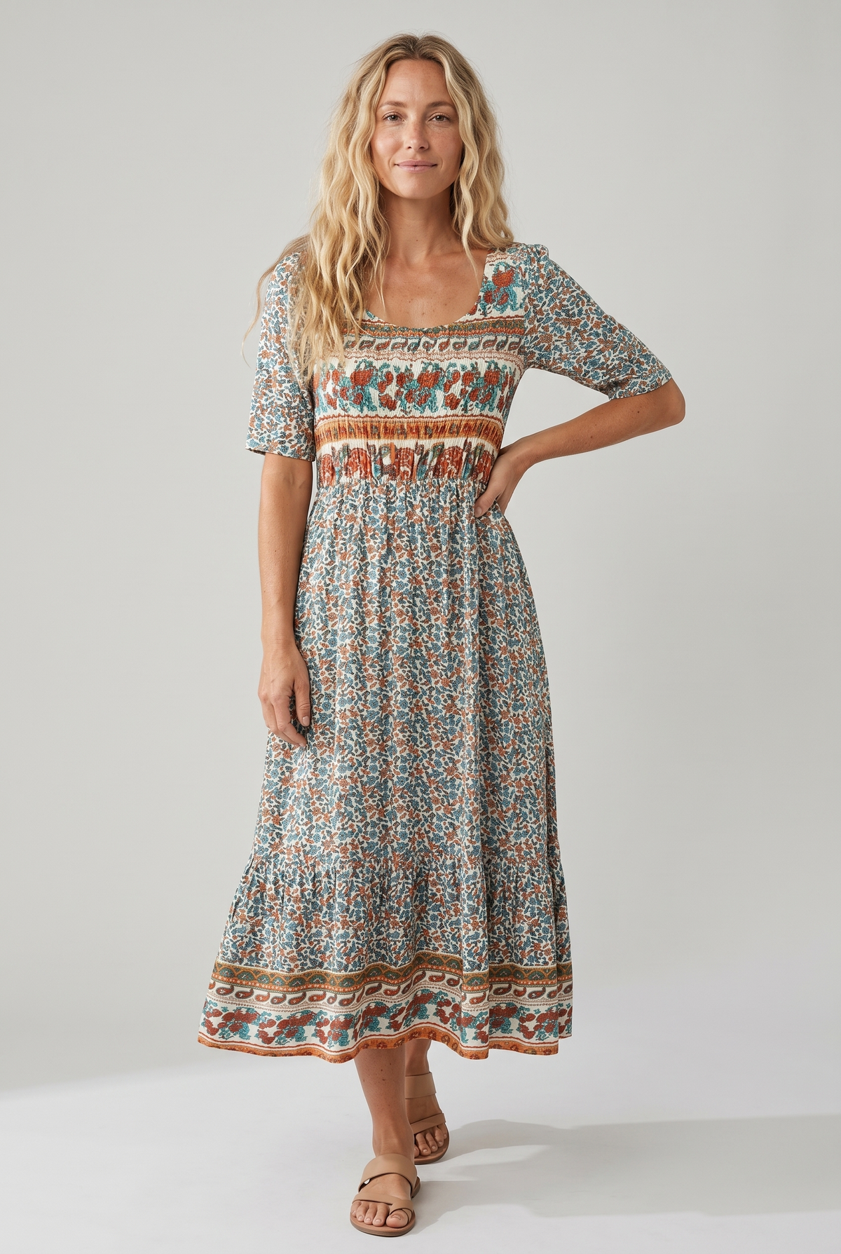 Boho Floral Square Neck Short Sleeve Tiered Midi Dress 2