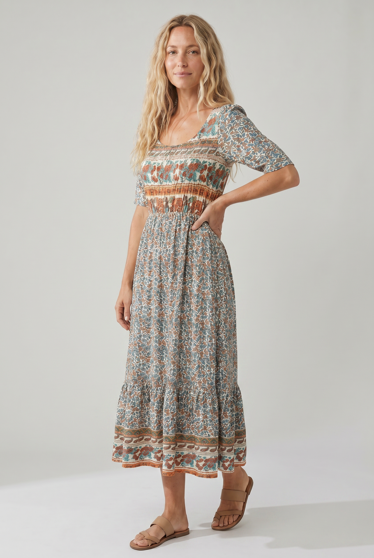 Boho Floral Square Neck Short Sleeve Tiered Midi Dress 3