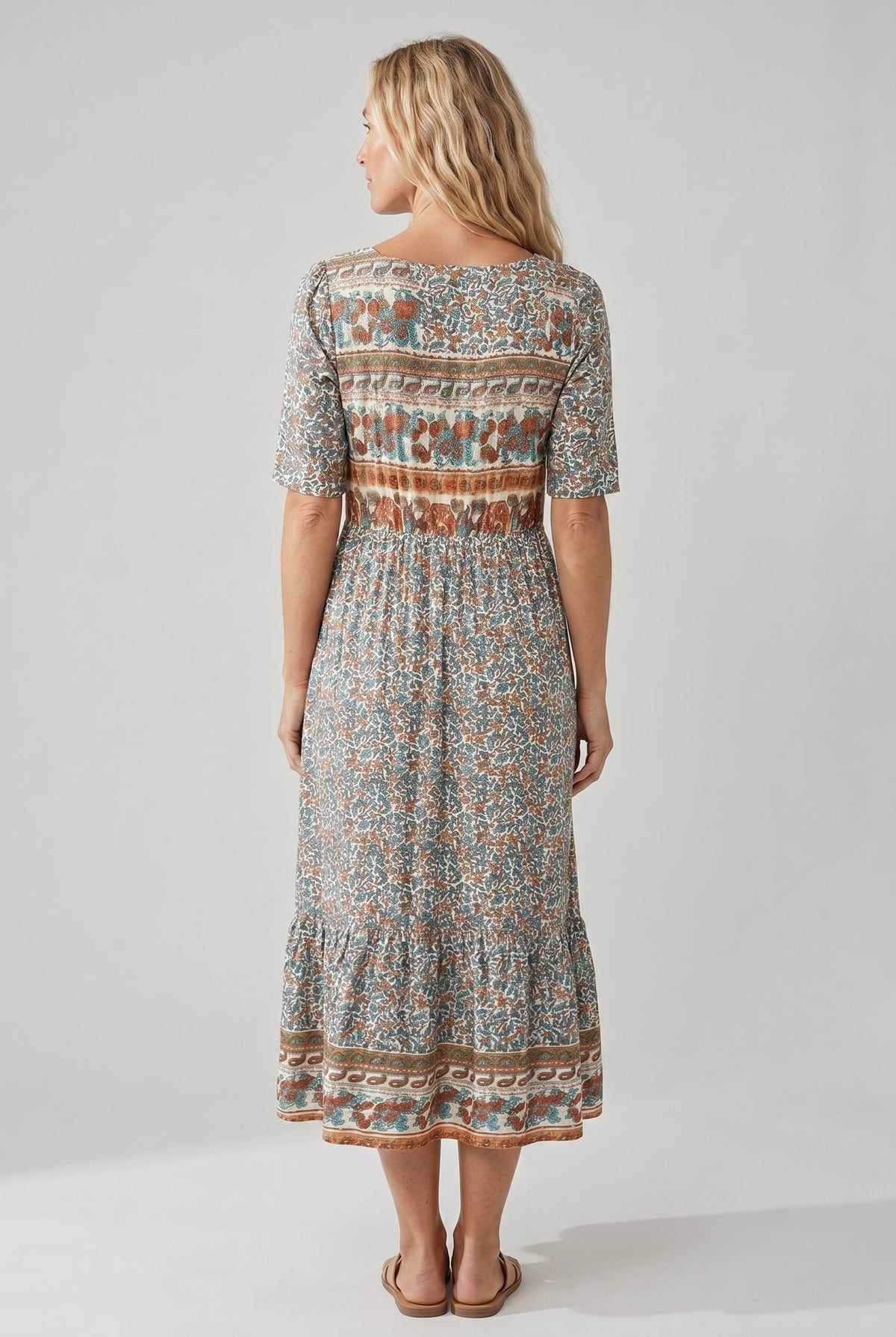 Boho Floral Square Neck Short Sleeve Tiered Midi Dress 4