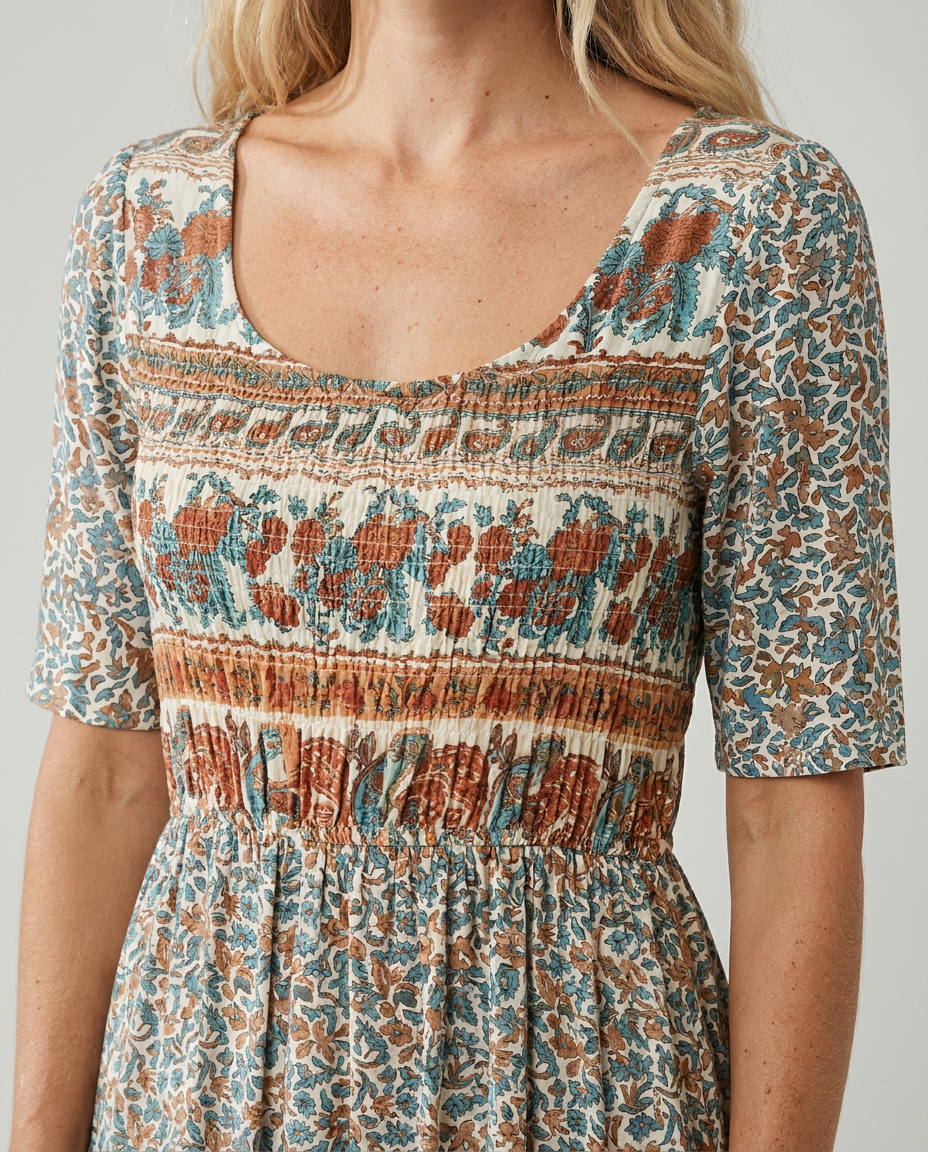Boho Floral Square Neck Short Sleeve Tiered Midi Dress 5