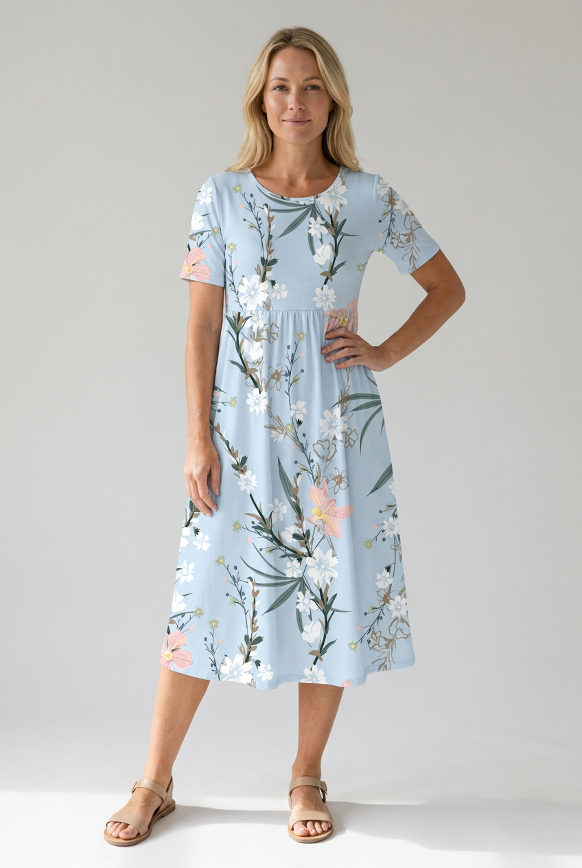 Floral Round Neck Short Sleeve Fit and Flare Midi Dress