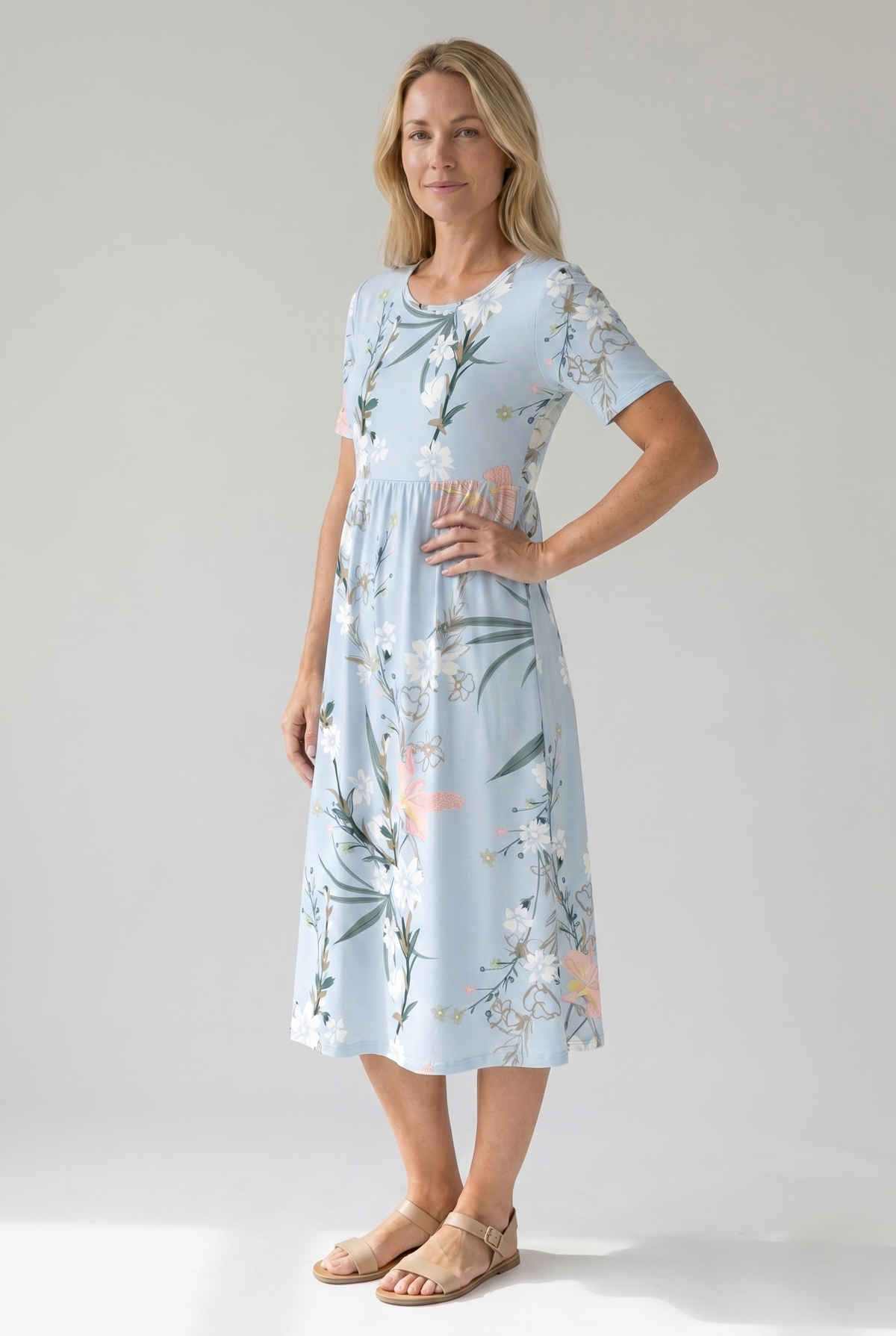 Floral Round Neck Short Sleeve Fit and Flare Midi Dress 2