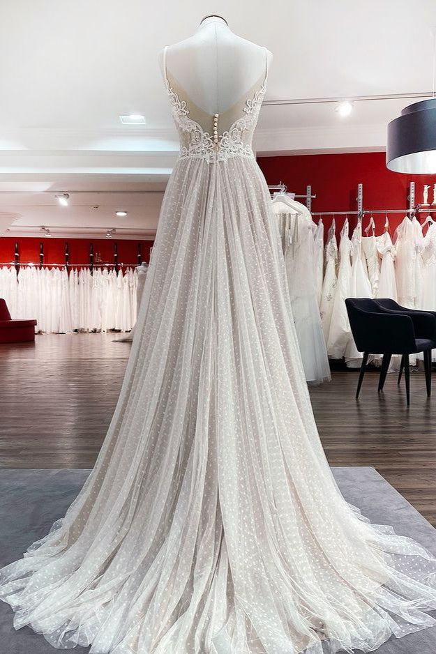 Women Sleeveless Tulle Lace Backless A-Line Wedding Dresses - Fashionpara