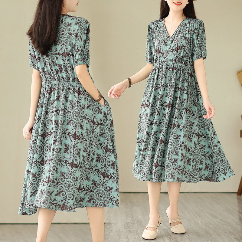 Geometric Medallion Print V-Neck Puff Sleeve A-Line Midi Dress - View 4