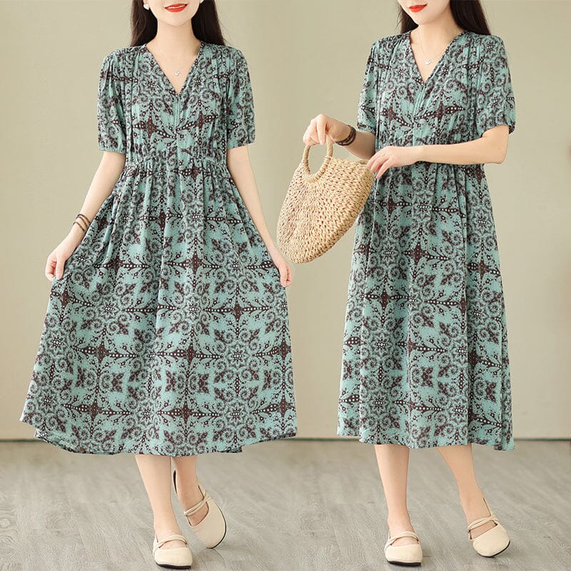 Geometric Medallion Print V-Neck Puff Sleeve A-Line Midi Dress - View 5