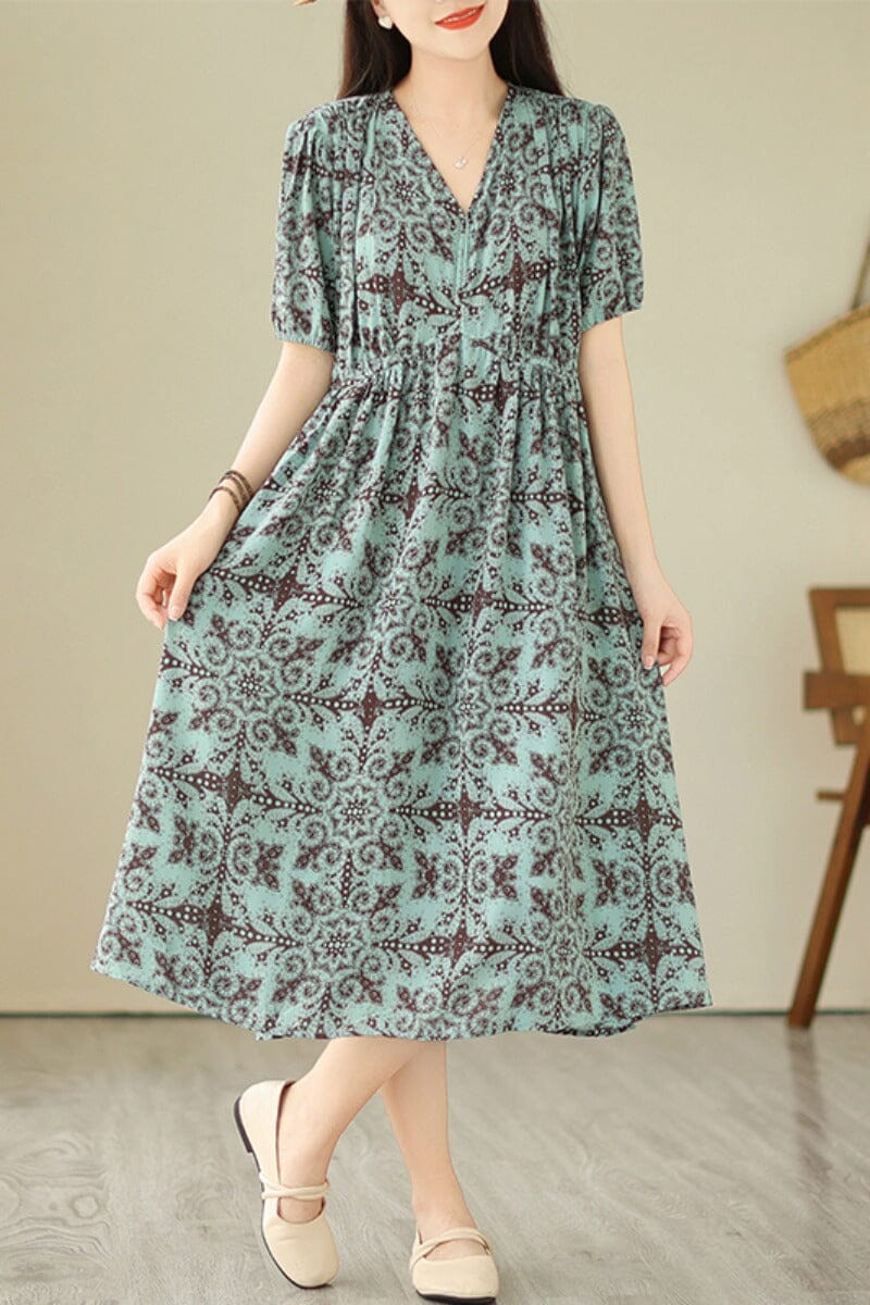Geometric Medallion Print V-Neck Puff Sleeve A-Line Midi Dress