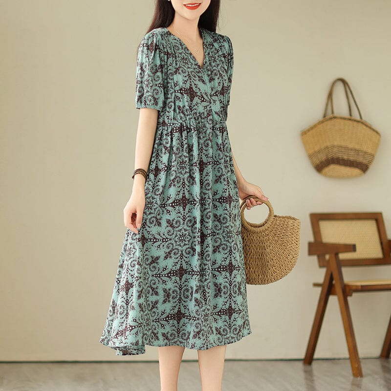 Geometric Medallion Print V-Neck Puff Sleeve A-Line Midi Dress - View 3