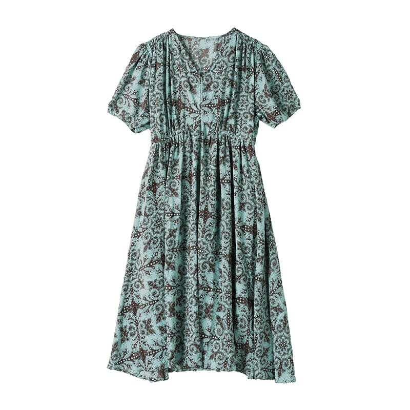 Geometric Medallion Print V-Neck Puff Sleeve A-Line Midi Dress - View 6