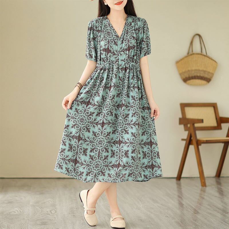 Geometric Medallion Print V-Neck Puff Sleeve A-Line Midi Dress - View 2