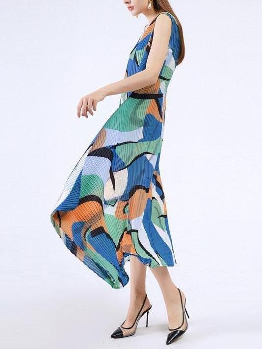 Abstract Print Sleeveless Pleated A-Line Midi Dress