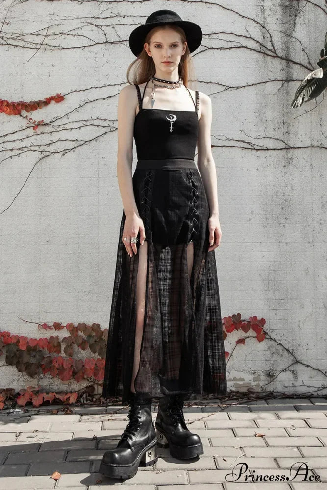 Women’s Daily A Shape Mid-Length Grid Mesh Forks Pantskirt Gothic Elastic Waist Sexy Casual Long