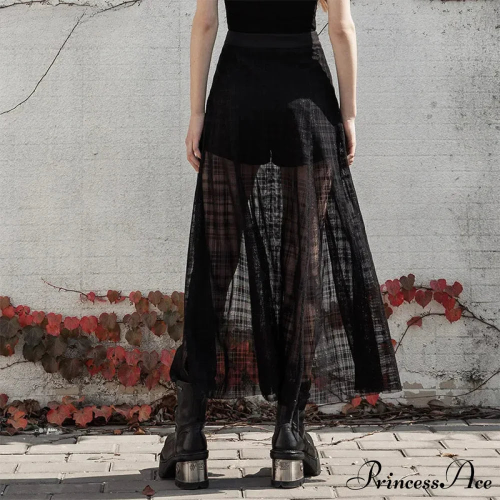 Women's Daily A Shape Mid-length Grid Mesh Forks Pantskirt Gothic Elastic Waist Sexy Casual Long Skirt