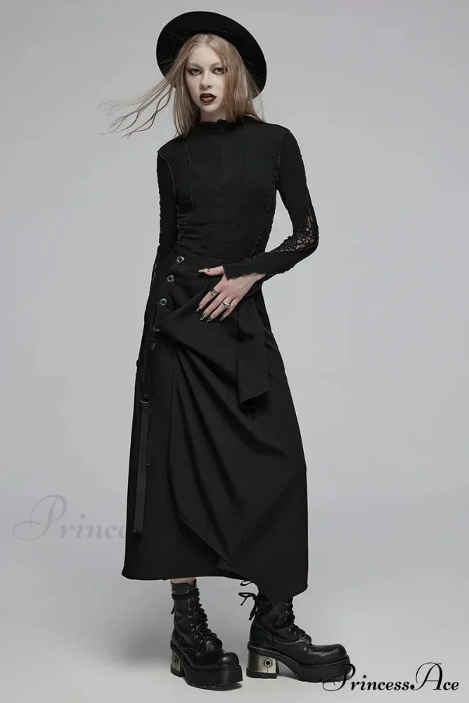 Women’s Daily Irregular Deconstructed Medium High Waisted Loose Casual Black Skirt Black / S