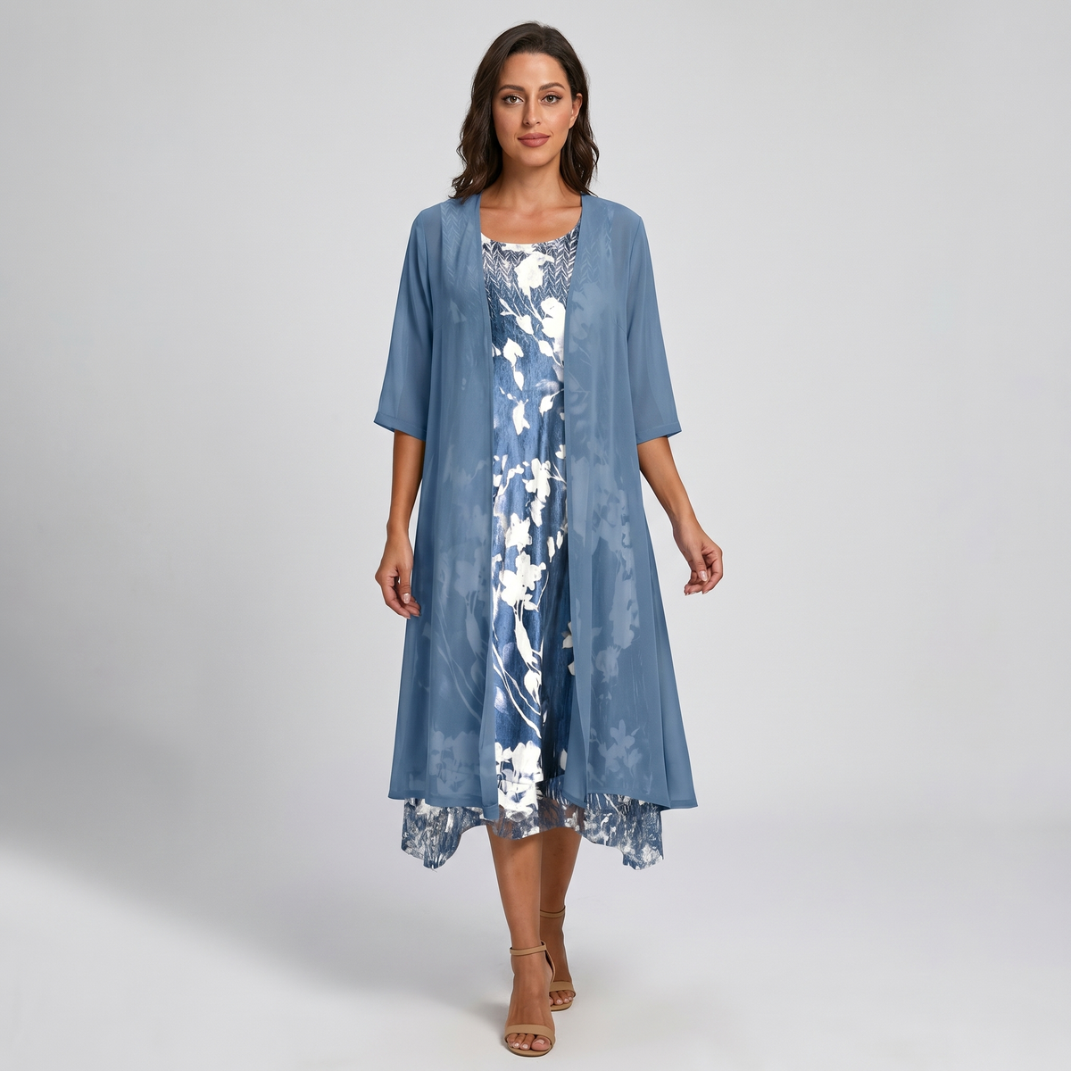 Floral Print Sleeveless Midi Dress and Sheer Duster Two Piece Set 2