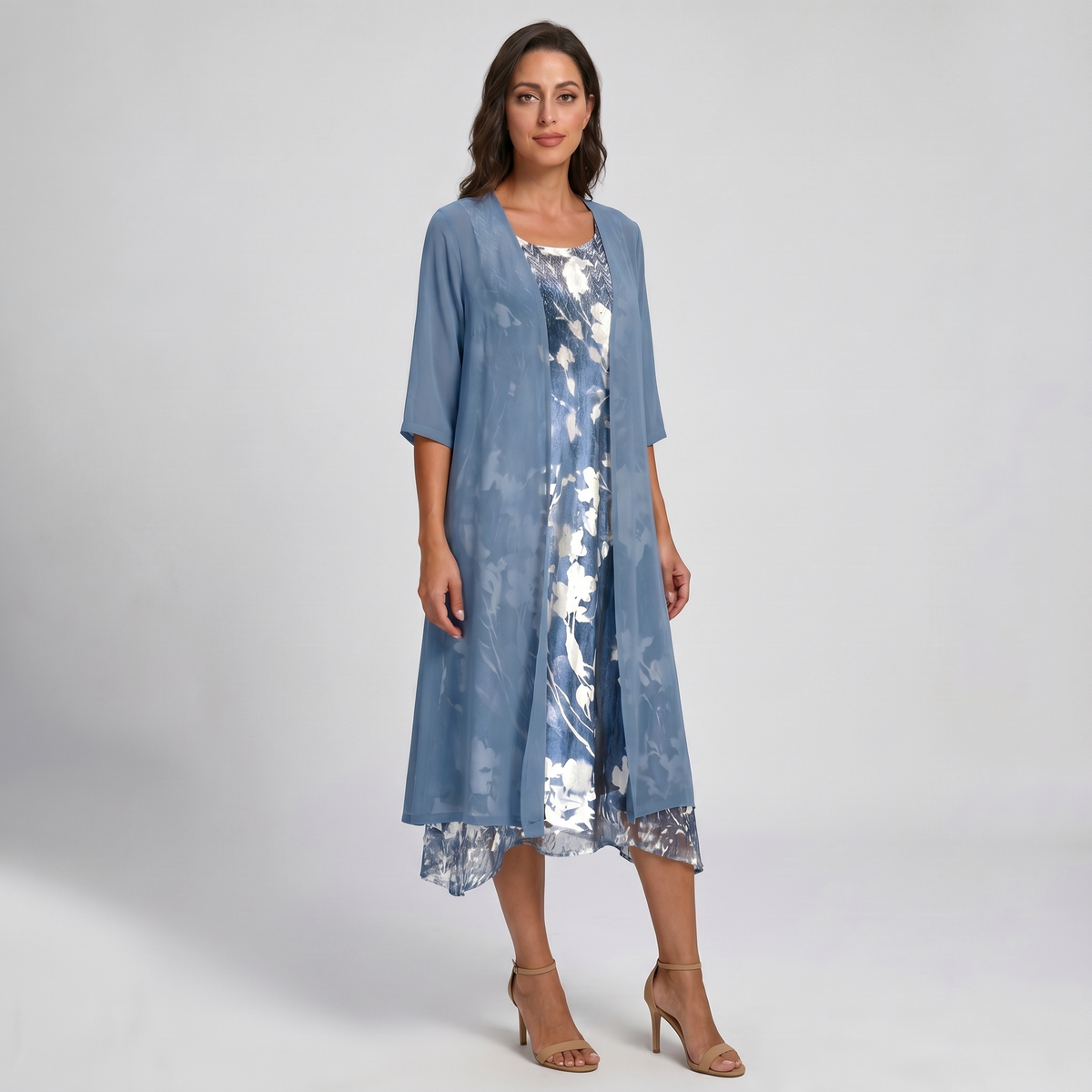 Floral Print Sleeveless Midi Dress and Sheer Duster Two Piece Set 3
