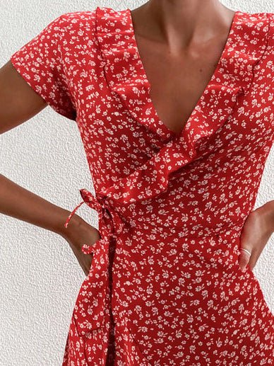 Floral V-Neck Ruffle Lace Up Midi Dress - View 3