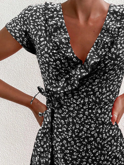 Floral V-Neck Ruffle Lace Up Midi Dress - View 4