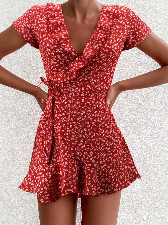 Floral V-Neck Ruffle Lace Up Midi Dress