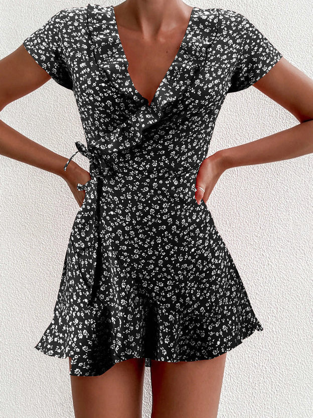 Floral V-Neck Ruffle Lace Up Midi Dress - View 2