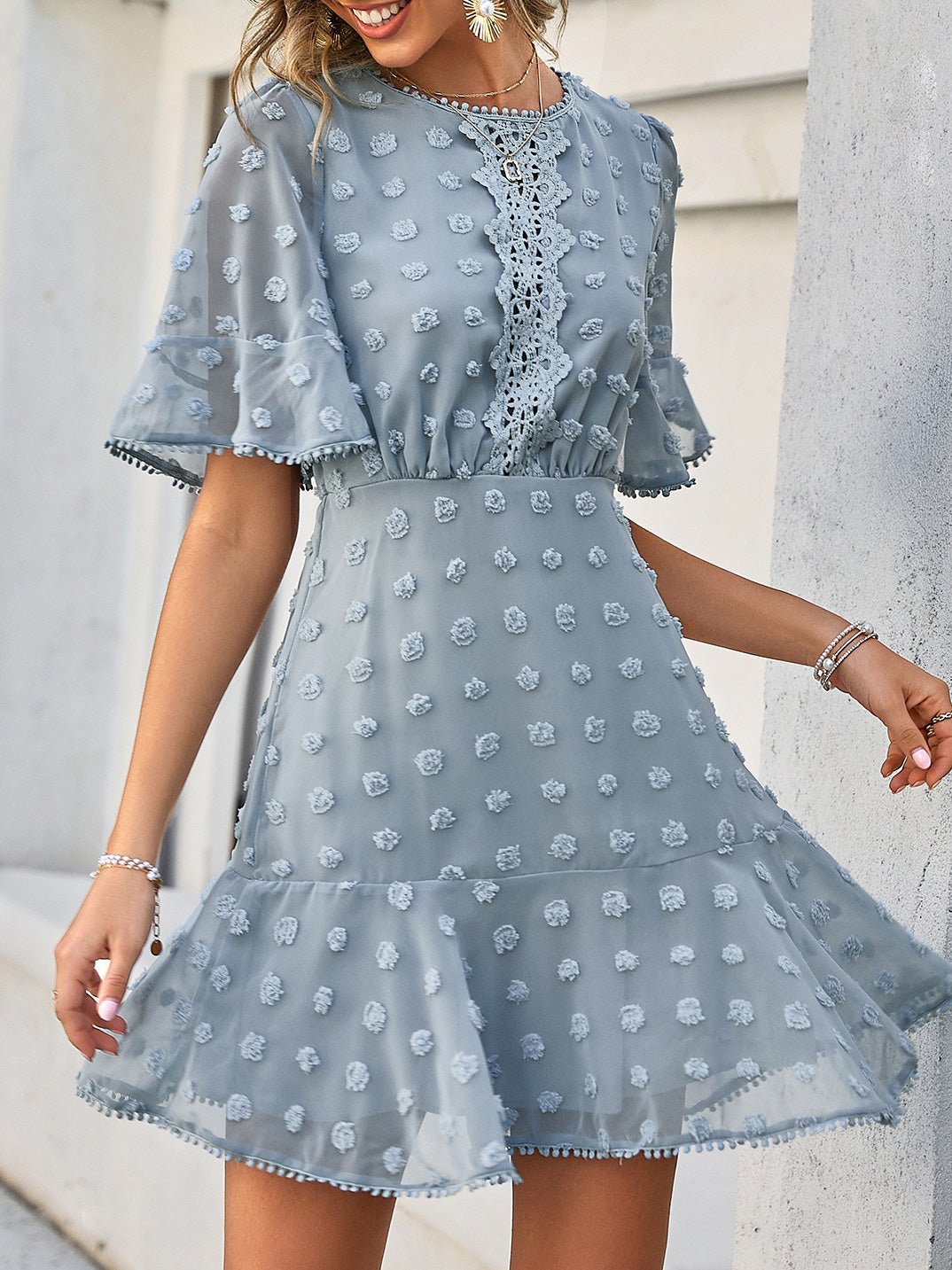 Jacquard Polka Dot Lace Fringed Dress - Fashionpara