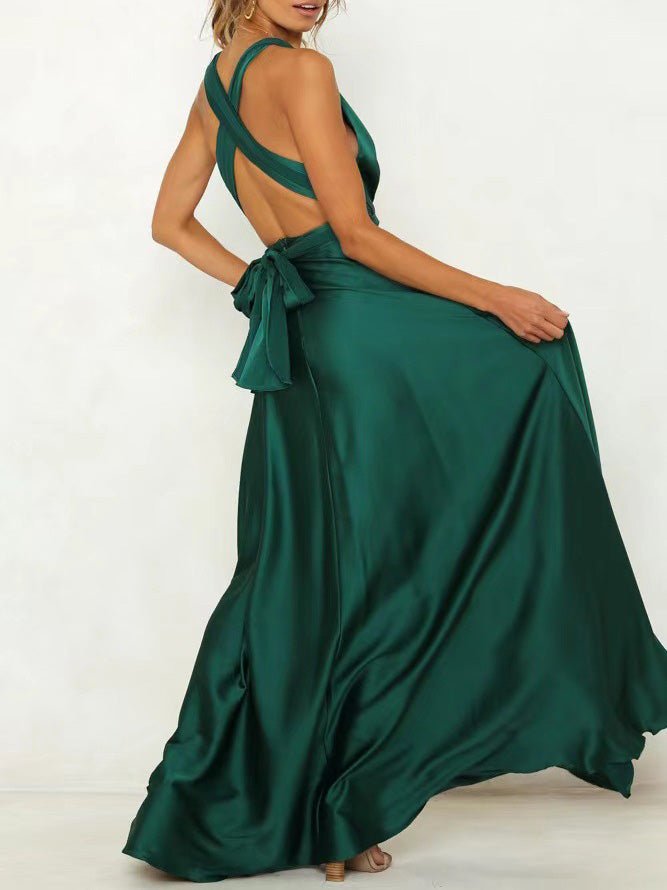 Halter Criss Cross Open Back Bow Detail Satin Maxi Gown