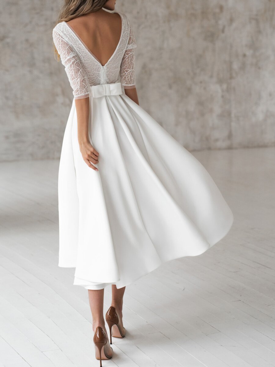 Lace V-Neck Backless Swing Dress - View 3