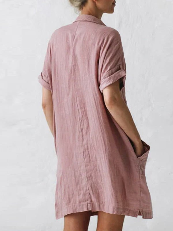 Lapel Short Sleeve Pocket Shirt Dress - Fashionpara